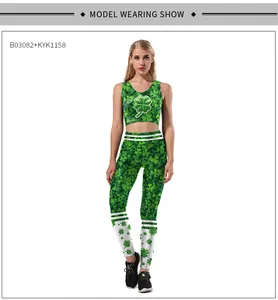 Saint Patrick's Day set featuring green clover print crop top and high waist leggings