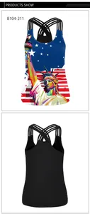 Detail of cross-strap back design and Liberty flag print on digital yoga tank top