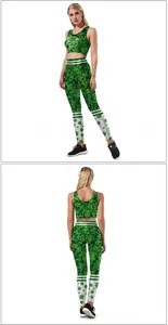 Detail of St. Patrick's Day yoga set showing green clover prints on crop top and leggings