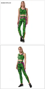Detail view of St. Patrick’s Day yoga set with clover print and colorful side stripes