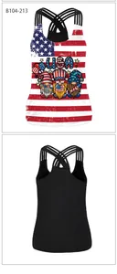 Detail of cross-strap back design and USA gnome print on the patriotic tank top