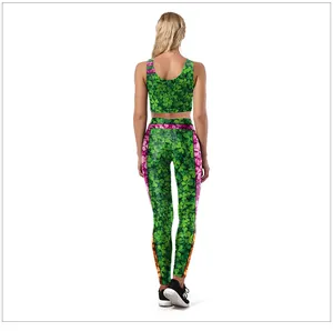 Back view of St. Patrick's Day two-piece yoga set with shamrock and floral print