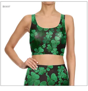 Detailed view of the St. Patrick’s Day sports bra with green shamrock all-over print