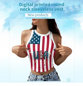 Detail of USA digital flag print and sequined lettering on sleeveless crop top