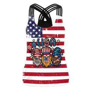 Women USA Independence Day Tank Top 3D Digital Print Patriotic Gnomes Liberty Statue Cross Strap Back Slim Fit Casual Sleeveless Shirt