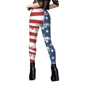 Leggings pour Femmes Imprimé Drapeau Américain Vieilli Étoiles et Rayures Pantalon de Yoga Fête de l'Indépendance Coupe Ajustée