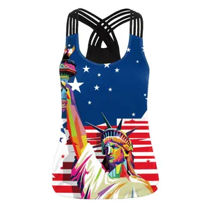 Women's American flag racerback tank top with colorful Liberty print and crisscross straps