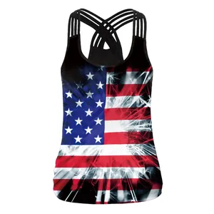 Women's slim fit tank top with US flag print and crisscross strappy back design