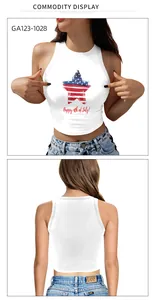 Detail of white crop top featuring American flag star and Happy 4th of July print