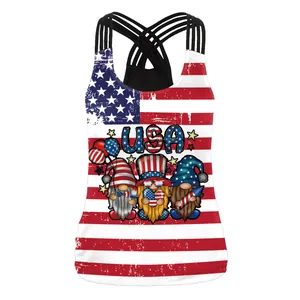 Women's patriotic USA tank top with gnome print and distressed American flag pattern