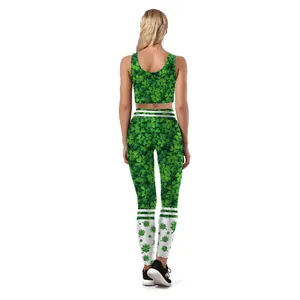 Women's St. Patrick's Day yoga set with shamrock print crop top and high waist leggings