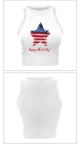 Detailed front and back view of USA flag star print crop top with July 4th text