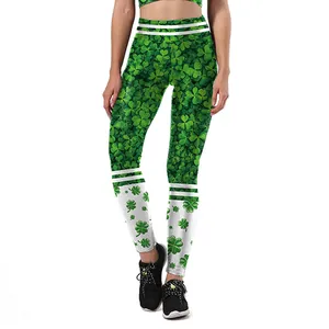 Women's St. Patrick's Day high waist yoga leggings with green shamrock print and stripes