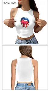 Front and back detail of cropped tank top with American flag lips print on white fabric