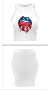 Detail view of American flag lip print on women's white slim fit crop tank top