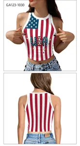 Close-up of USA flag print and star details on women's slim fit halter neck crop top