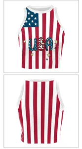 Flat lay view of USA flag crop top showing red white stripes and blue star patterns