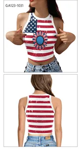 Detail view of American flag crop top with sunflower print and red stripes on back