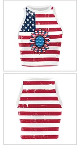 Detail of American flag crop top with sunflower graphic showing front and back view
