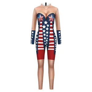 Damen Langarm-Bodysuit mit US-Flaggen-Muster und 3D-Digitaldruck für Unabhängigkeitstag