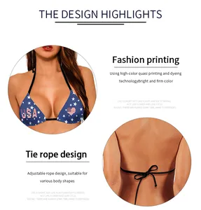 Detail view of USA flag pattern bikini top with adjustable tie rope design