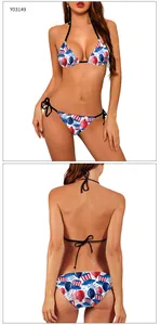 Detail of USA Independence Day bikini with halter top and side-tie bottoms in patriotic print