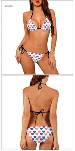 Front and back detail of white bikini set with red and blue USA flag heart print