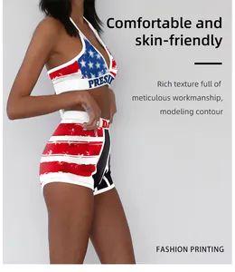 Close-up of American flag printed sports set with high waist shorts and halter top