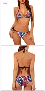 Detailed front and back view of USA flag tie-dye bikini with star patterns and side ties