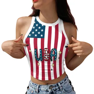Women's USA flag print crop top with sleeveless design and stars for summer casual wear