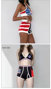 Detail view of American flag print bikini set featuring Statue of Liberty and festive text
