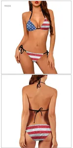 Detail of USA flag bikini with glitter stars and stripes featuring side ties