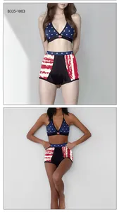 Detail view of American flag print high waisted bikini set on two different skin tones
