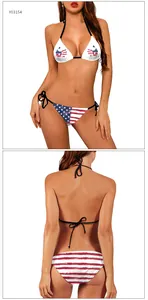 Detailed view of women's USA flag bikini featuring halter neck and side tie bottoms