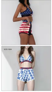 Detailed view of patriotic flag print sports bra and shorts with President Day waistband