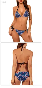 Detailed front and back view of USA flag star print bikini set with neck tie straps