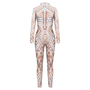 Futuristic geometric digital print bodysuit with long sleeves for stage performance
