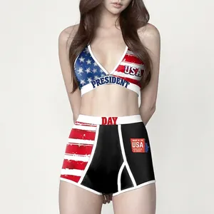 Women Independence Day Digital Printed Top And Bottom American Flag Pattern Sleeveless Vest And High Waist Shorts Sporty Casual Outfit