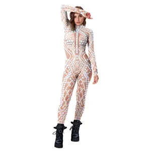 Women's bodysuit with white geometric honeycomb digital print and high neck design