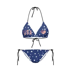USA flag style star print bikini set with halter top and side tie bottoms