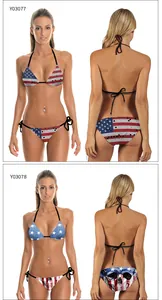 Vorder- und Rückansicht des Bikini-Sets mit USA-Flaggenmuster und Schnürbändern