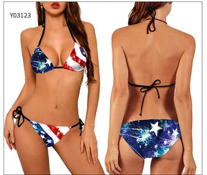 Details des USA-Flaggen- und Feuerwerk-Prints auf dem zweiteiligen Neckholder-Bikini