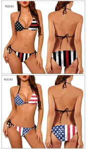 Nahaufnahme des USA-Flaggen-Bikini-Sets mit Bindehose und verstellbarem Halter-Top
