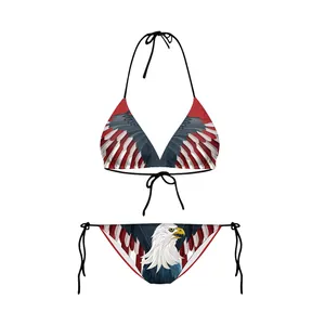 Damen Sexy Amerikanische Flagge Adler Druck Neckholder Triangle Top Seitliche Bindung Patriotic Strand Badeanzug Bademode Sommer