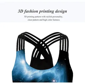 Détail de l'imprimé galaxie 3D et du dos croisé sur le débardeur de yoga sport