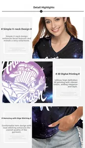 Détails du col en V et de l'impression 3D avec des coutures soignées sur le T-shirt femme