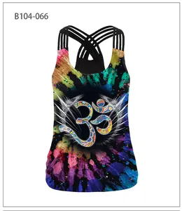 Vue détaillée du dos du haut de yoga B104-066 avec imprimé galaxie coloré et symbole Om