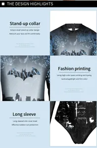 Détail de l'imprimé du logo Batman et du col montant sur le maillot de bain à manches longues