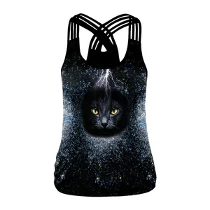 Débardeur gothique noir imprimé chat et ciel étoilé avec bretelles croisées au dos