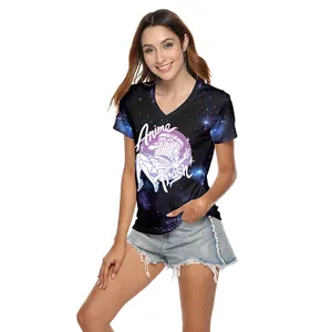 T-shirt femme à col en V avec imprimé étoiles violettes et motif Anime Trash